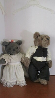 Vintage Set of 2 MOHAIR BRIDE & GROOM TEDDY BEARS~20'' Plush