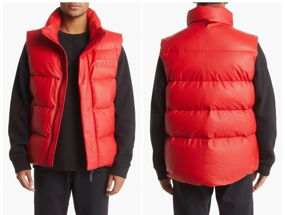 Chaleco acolchado Mackage rojo Kellan de cuero de gran tamaño 800 talla 42