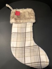 Wondershop Plaid Christmas Stocking Faux Fur Cuff Ivory Brown