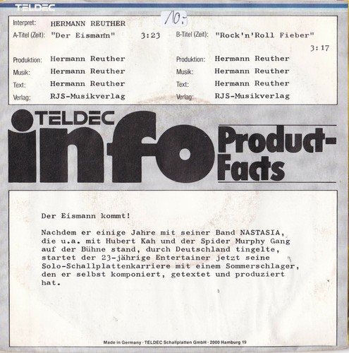 Hermann Reuther -Der Eismann / Rock 'N' Roll Fieber- 7" 45 Promo-Backcover - Picture 2 of 2