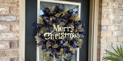 XL Navy Blue Gold Merry Christmas Deco Mesh Front Door Wreath Holiday Decoration - Picture 5 of 7