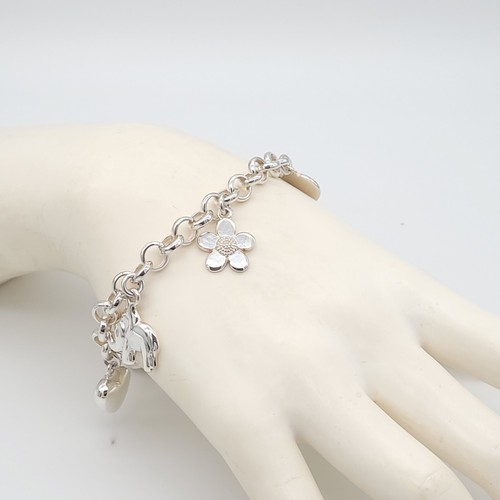 Sterling Silver 950 Round Link Chain Bracelet 7.5" Inch w/ 5 Charms - Picture 8 of 12