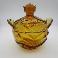 Vintage Viking Glass Amber Cabbage Leaf Covered Candy Dish With Lid & Sticker