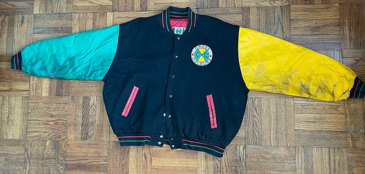バイカラーボンバージャケット●希少2XLサイズ●90sヴィンテージ リアルレザー Vintage Cross Colours Leather Varsity Bomber Jacket | eBay