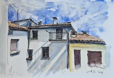 Original watercolor painting San Marino cityscape summer landscape A5