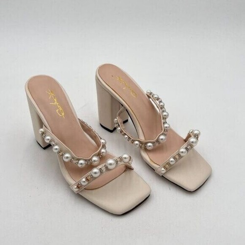 XYD White Square Open Toe High Chunky Heel Pearls Dual Straps Slides Sandals