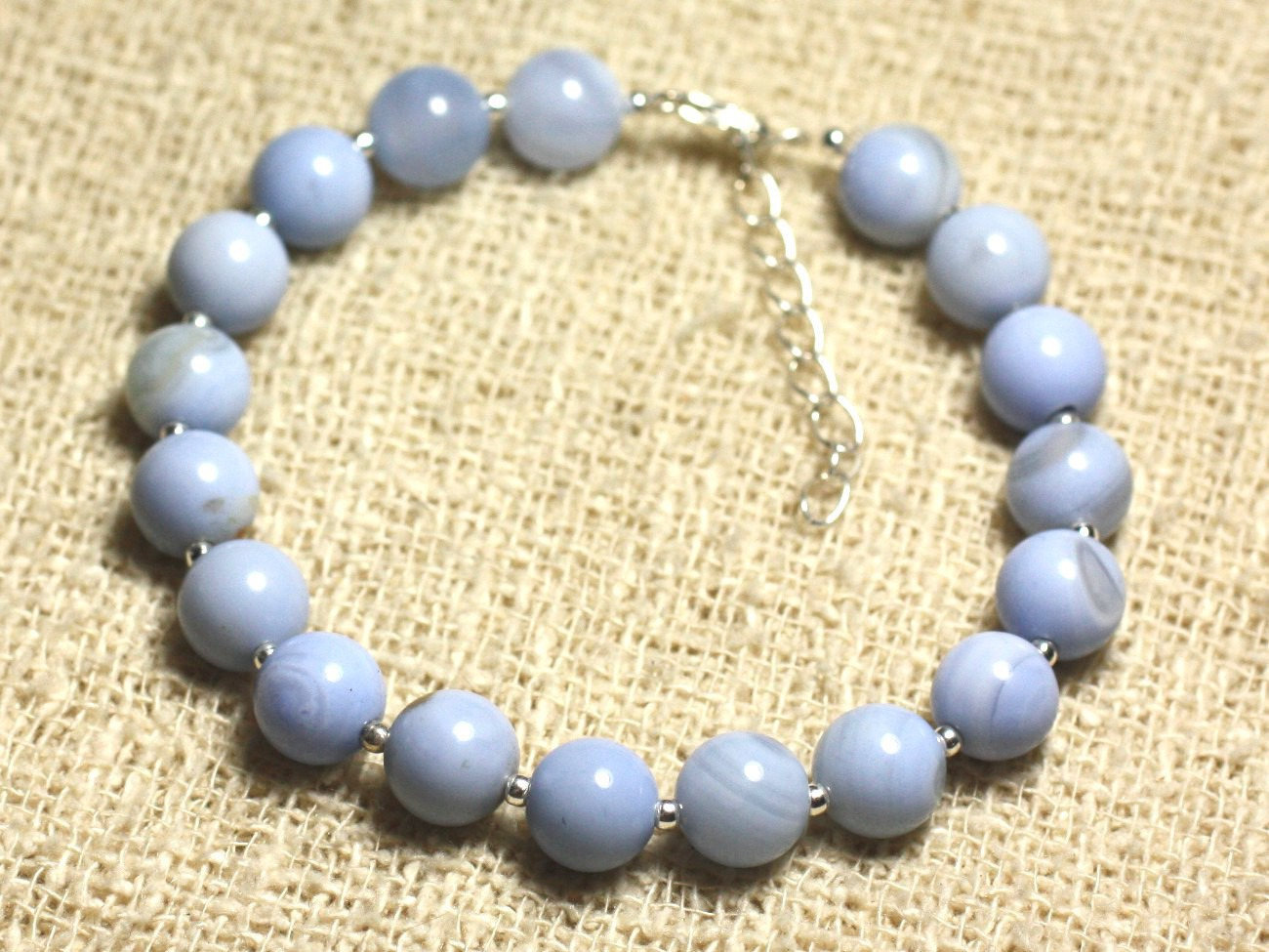 Bracelet en argent 925 massif et véritable agate bleu de 8mm