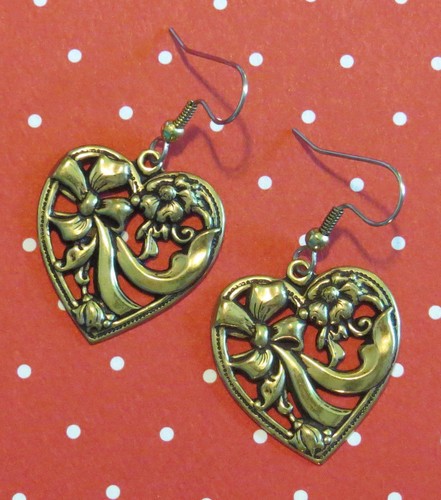 Heart Earrings Large Open Floral & Bow Pattern Antiqued Brass Valentine - Picture 4 of 5