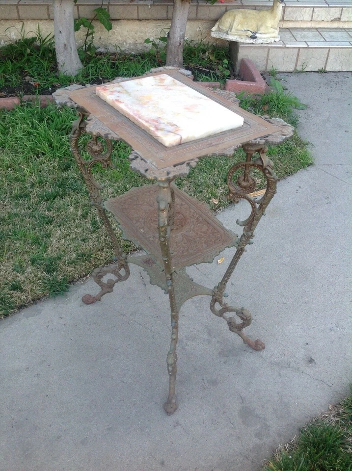 Vintage 19th Century Cast Iron Victorian Table 3 Tiers With Marble Top  - Image 4 of 4