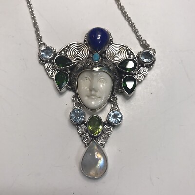 Bali Goddess Carved Face Necklace Multi Gem Stone 20 Inch