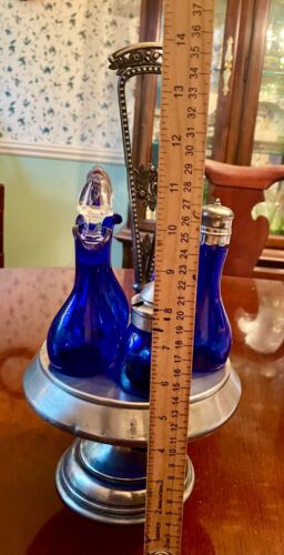 Antique Victorian Oil Vinegar Cruet Set Cobalt Blue Quadruple Plate - Picture 9 of 11