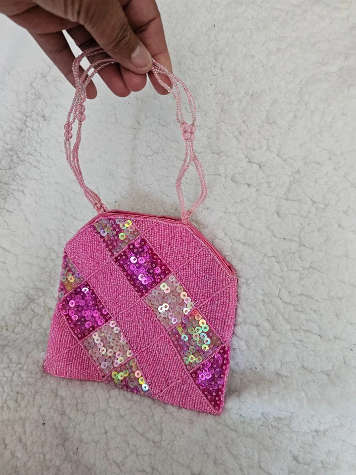 Cartera pequeña de lentejuelas y cuentas con mango rosa botón a presión completa L 11,5" sin marca Foto 2 de 4