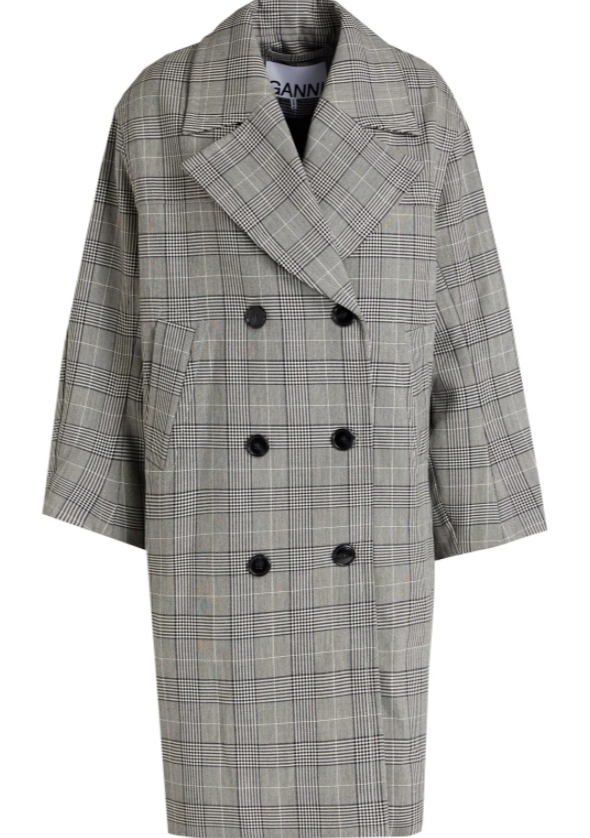 NEW Ganni Double breasted Glen Check Jacquard Coat in Black Size