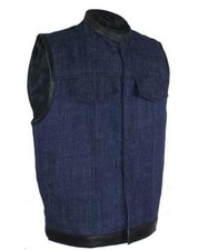 Men's Vest Denim Dark Blue Motorcycle Club Gun Pockets Zipper Snaps Leather Trim