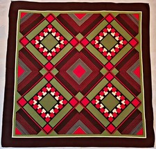 SCARF VINTAGE AUTHENTIC GEOMETRIC ART RHOMBUS BROWN GREEN RED ACETATE 27" SQUARE