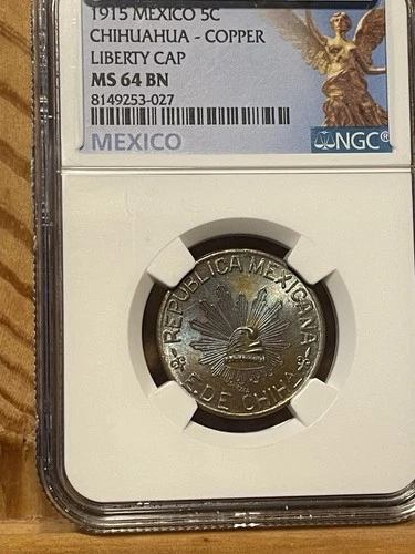 1915 Mexico 5 Centavos Chihuahua Copper  NGC MS 64 BN Toned Obverse