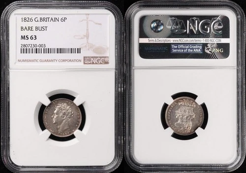 GREAT BRITAIN 1826 George IV 6d. S-3815 cat UNC £385. Slabbed NGC MS63.