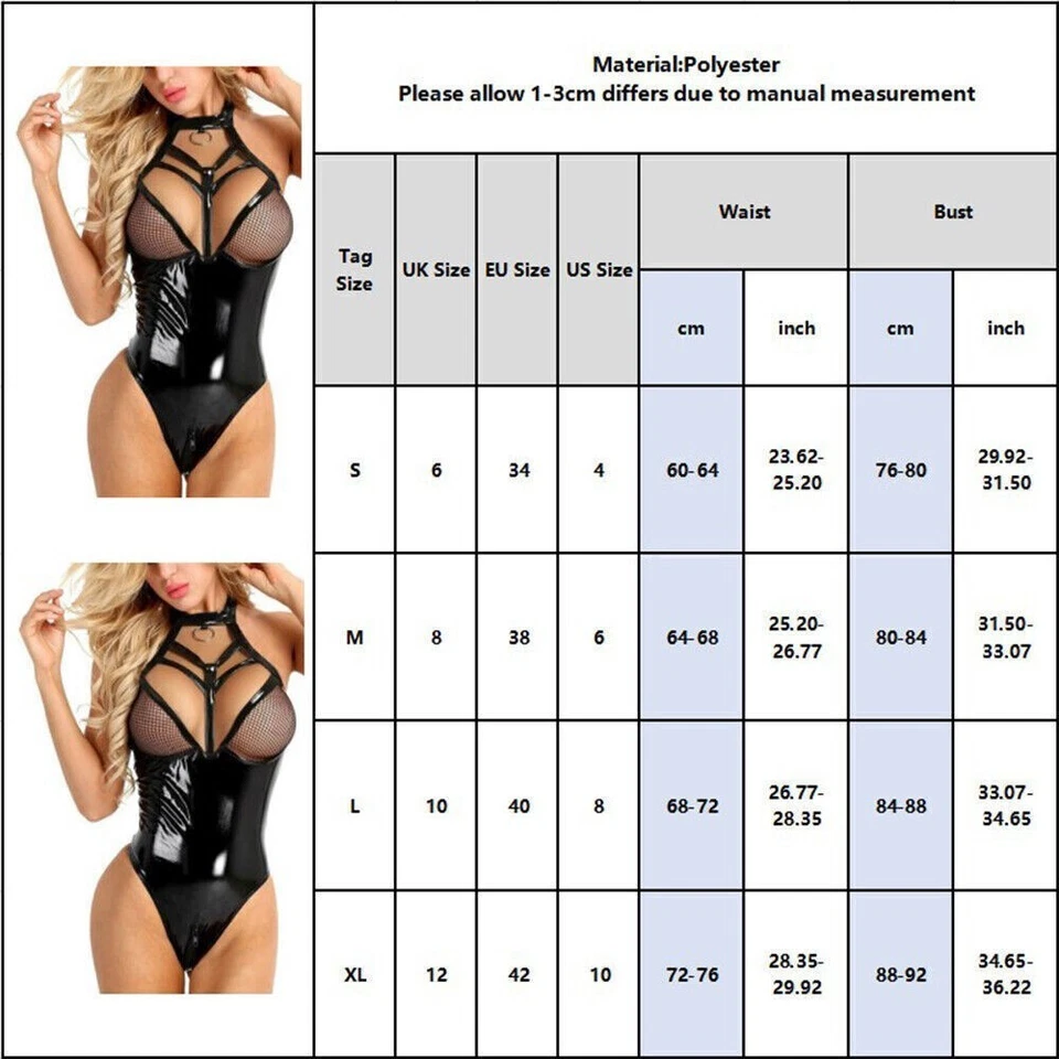 Sexy Womens PVC Leather WET LOOK Crotchless Bodysuit SM Cosplay Lingerie Outfit - Image 2 of 4