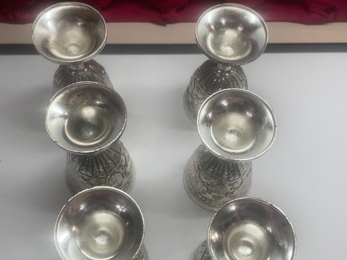 Vintage Ornate Crest silver and gold tone Metal mini Cordial goblets set of 6 - Picture 8 of 14