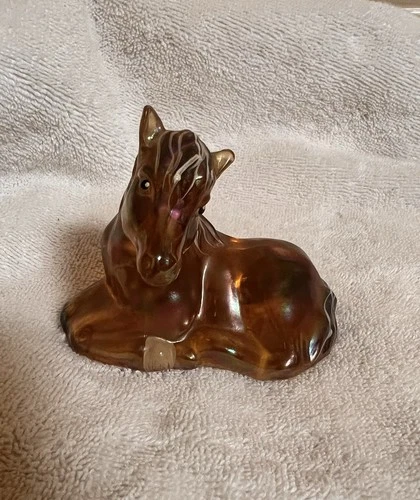 Vintage Fenton Amber Carnival Glass Foal Signed Figurine 3” X 3.5”