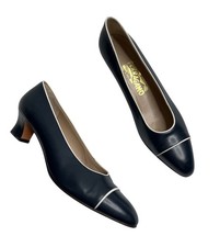 Vintage Salvatore Ferragamo Womens Navy Blue Leather Block Heel Pumps 9 AA