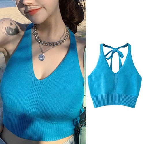 Women Solid Color Halter Strap Sleeveless Knit Crop Tank Top Summer Vest - Picture 3 of 13