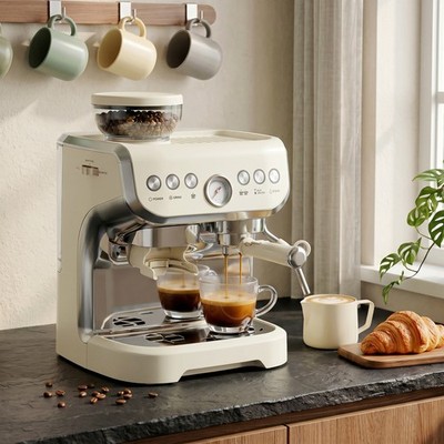 Espressomaschine mit integriertem Bohnenmahlwerk, Cappuccinokocher, cremeweiß