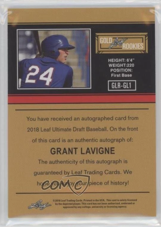 2018 Leaf Ultimate Draft 91 Gold Leaf Rookies Auto Grant Lavigne #GLR-GL1 Auto - Image 2 of 2