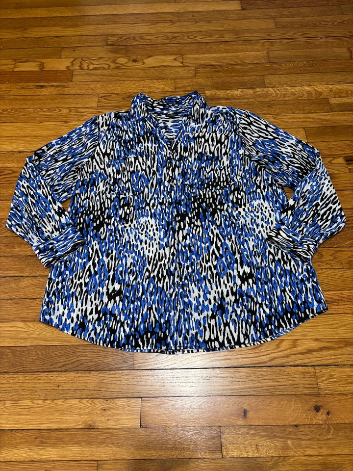 Talbots Womens Nantucket Button Down Shirt Long Sleeve Blue Plus 2X Animal Print - Image 2 of 4