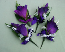 4 PURPLE LISIANTHUS/WHITE GYP CORSAGES /BUTTONHOLES WEDDING FLOWERS