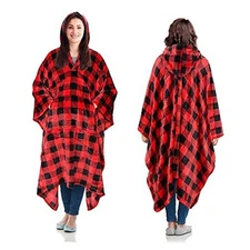  Hooded Wearable Blanket Poncho for Adult Women Men, Fleece, Hooded Red Checker