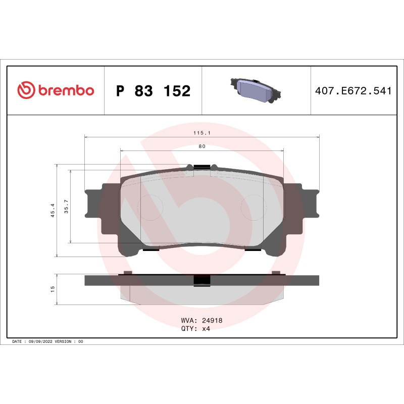 BREMBO P 83 152 Brake Pads Set Rear for Highlander RX Sienna Fortuner Prius Plus