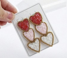 Beaded Heart Earrings Red Pink White Statement Dangle Valentine Jewelry