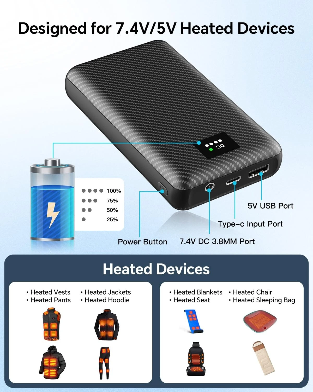 Heated Vest Battery Pack, 7.4V 30000mAh Portable Charger with DC and USB Outp... - product detail image 4