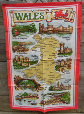 Vintage WALES Map Tea Towel Welsh Souvenir Cotton Tea Towel Portrait