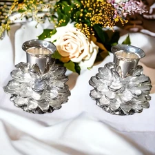 Set of 2 Silver Plated 3-inch Tall Holiday Pine Cone Shape Taper Candle Holders