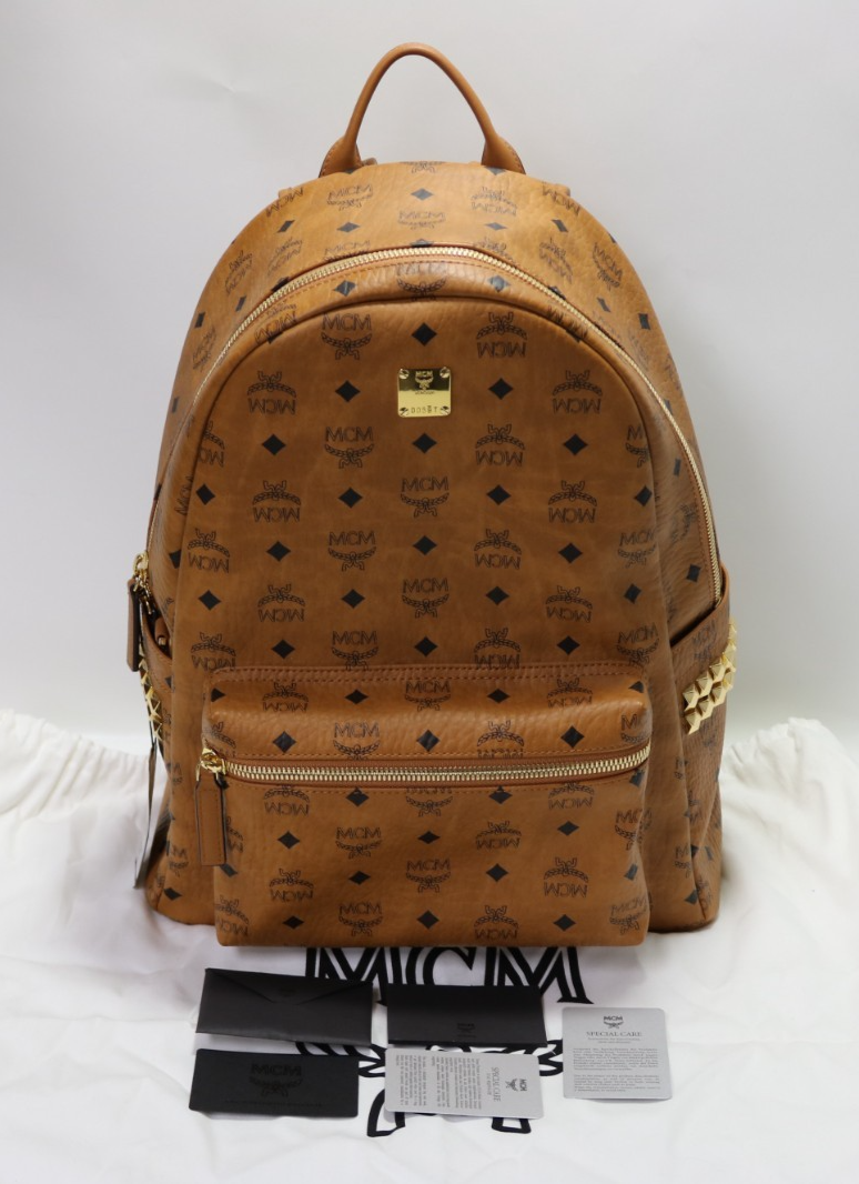 MCM Stark Side Studs Backpack In Visetos Size Medium Cognac Color