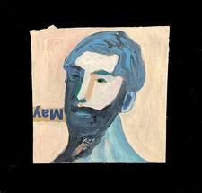 Original Portrait Painting Abstract Man Blue Naive Primitive Folk Wall Art