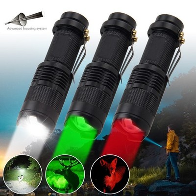 2PCS LED Flashlight Zoom Torch Clip Adjustable Focus Hunting Green/Red/White