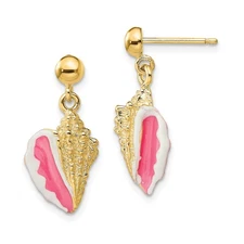14k Yellow Gold White and Pink Enamel Conch Shell Dangle Earrings