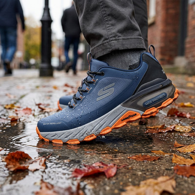 Skechers MAX Protect Shoes Mens Track Sole Goodyear Memory Water Repellent