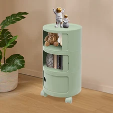3-tier Round Bedside Cabinet Multifunctional End Table Storage Cabinet w/Wheels