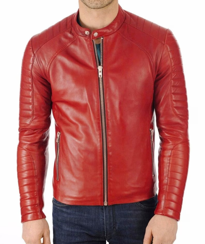 Chaqueta de cuero para hombre roja ajustada estilo motociclista piel de cordero real chaqueta de moda