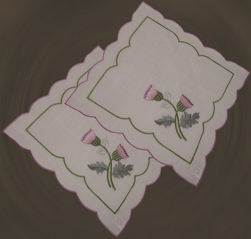 Set of 4 Square Scottish Thistle Embroidered Doilies 25cm 10" Linen look Fabric - Picture 5 of 9