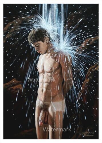 5x7 in. Gay male under running waterfall painting in print by Shellhammer