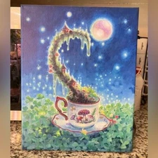 Teacup Painting Original Mushroom Surrealism Canvas NEW Art Moon Artettina USA