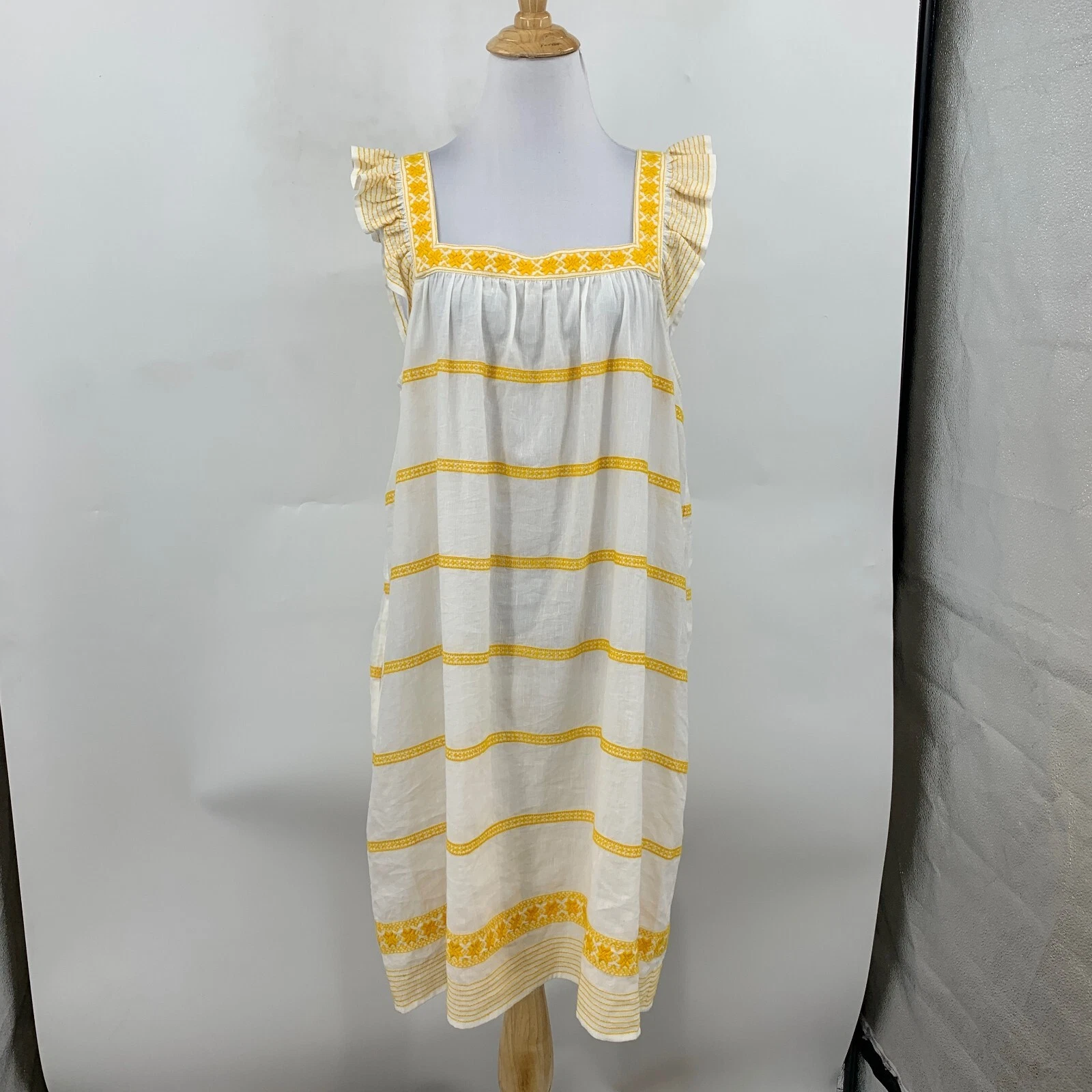 Abito Tory Burch donna L grande a righe ricamato arricciate misto lino senza maniche