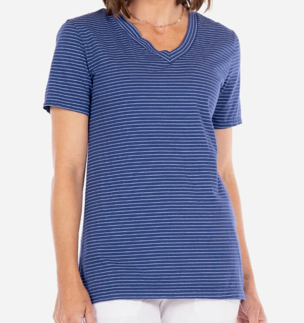 FRESH PRODUCE XLarge Moonlight Blue PINSTRIPE $49 ALLURE Cotton V Tee NEW XL