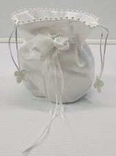 R White Satin Wedding Bridal Flower Girl Purse Money Bag with Faux Pearls