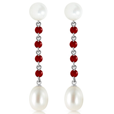 14K. GOLD CHANDELIERS EARRINGS WITH RUBIES & PEARLS (White Gold)